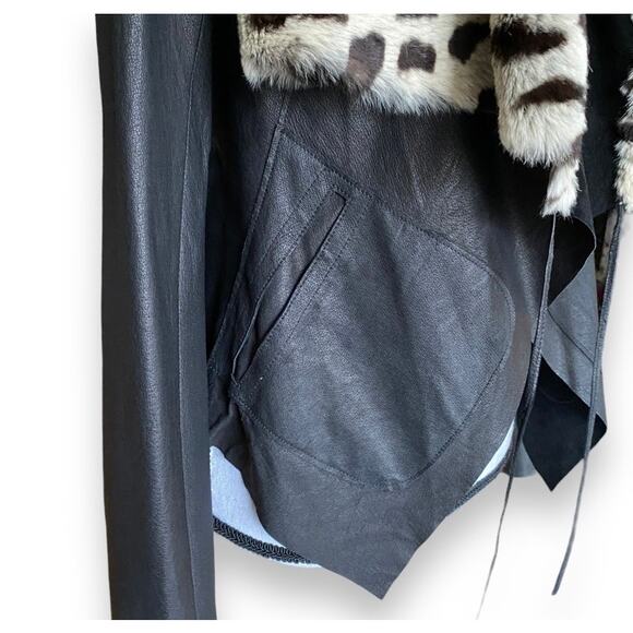 Y2k illia Cropped Black Leather Jacket Leopard Print Rabbit Fur Collar Sz 4/XS - Picture 11 of 12